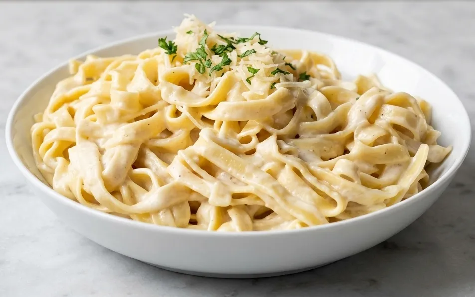 Fettuccine Alfredo pasta at Pizzaberg Cafe in Okotoks, AB