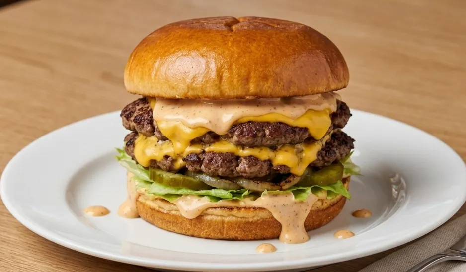 Stacked burger at Pizzaberg Cafe in Okotoks, AB