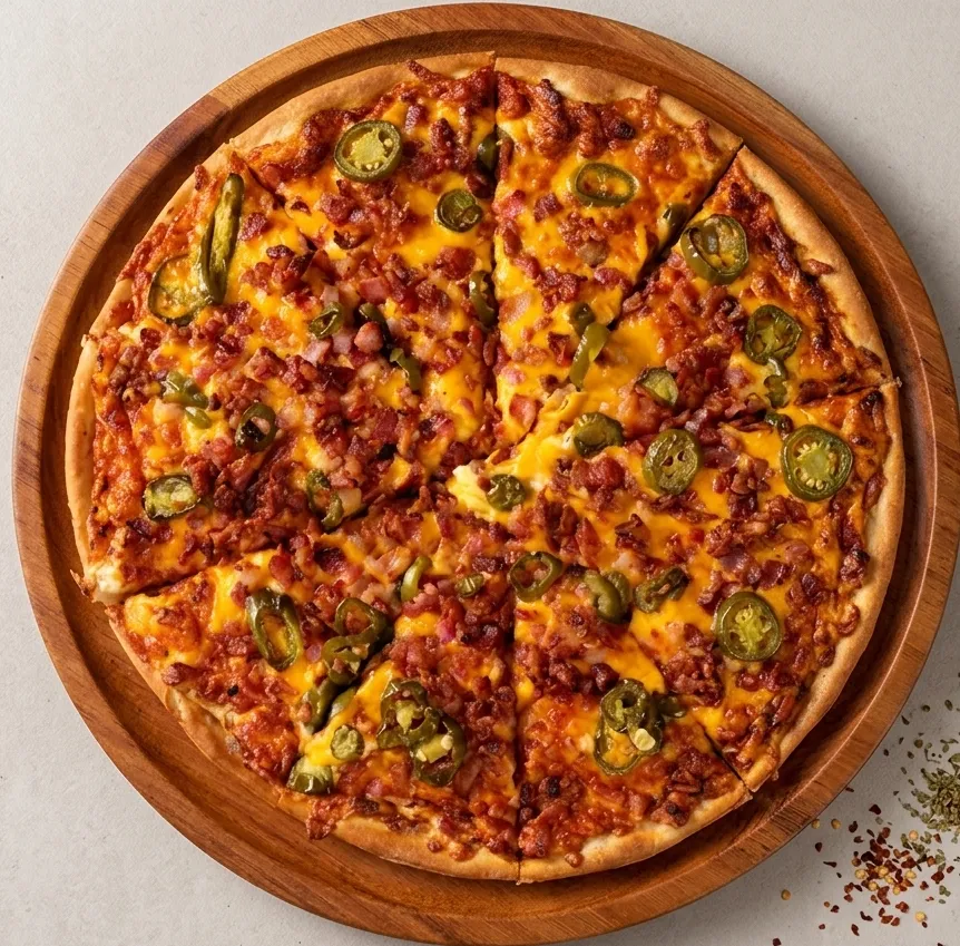Two-topping medium pizza at Pizzaberg Cafe in Okotoks, AB